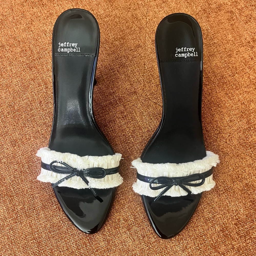 Jeffrey Campbell Black Patent Heels with White Fringe